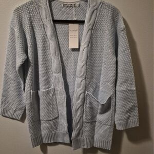 Pale Blue Cable-Front Open Cardigan